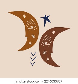 Vector flat design magic style moon crescent face couple illustration