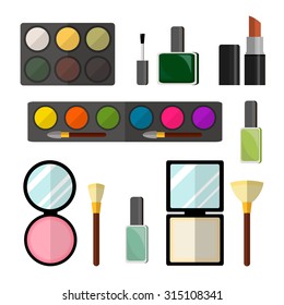 Vector flat design of make up procedure. Set cosmetics: lipstick, powder, mirror, brush, eye shadow, rouge