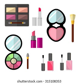 Vector flat design of make up procedure. Set cosmetics: lipstick, powder, mirror, brush, eye shadow, rouge