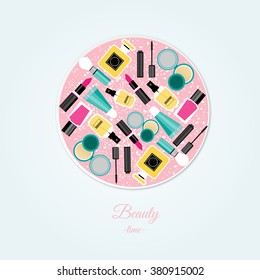 Vector flat design of make up tools. Vector flat design of make up collection. Make up. Make up elements. Make up vector details. 