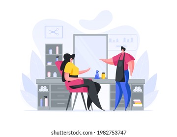 Vector flat design of male hairdresser in apron and stylish woman sitting in chair and discussing haircut in modern salon