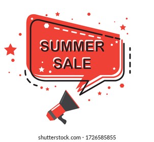 Vector flaches Design mit Megaphon und Sprechblase. Sommerverkauf, Online-Shopping, Web Design Hintergrund.