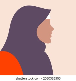 Vektorflache Design minimalistische Illustration einer Silhouette einer schönen jungen Frau im Profil mit einem Hijab auf ihrem Kopf in trendigen Farben. Illustration einzeln. für Werbezwecke verwendet werden können.