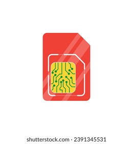 Vector flat design of mobile SIM card with yellow chip green circuit line, smartphone and telecommunication concept, network and contact connection device on white isolated background