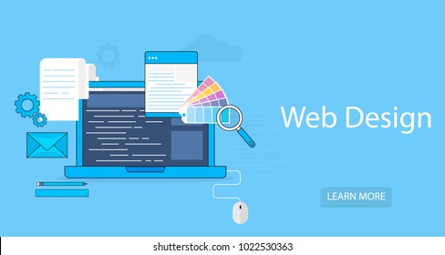 Vector flat design modern illustration icons set of webdesign tools, web designer process and infographic elements isolated on blue background background.