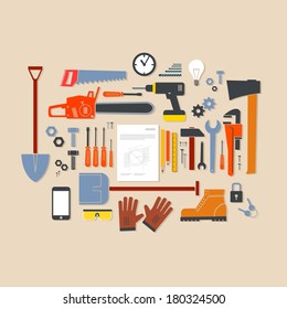 Vector flat design modern illustration icons set of craft, tools and equipment | craftsman infographics Isolated on stylish colored background