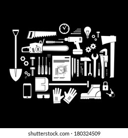 Vector flat design modern illustration icons set of craft, tools and equipment | craftsman infographics in white color Isolated on black background