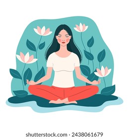 Vector flat design, modern illustration of a woman meditating in lotus pose, isolated on a white background. Young, happy woman practicing yoga. Concept illustration for yoga, and meditation.