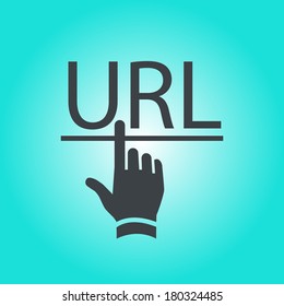 vector flat design modern URL icon wit hand clicking on website link. Web designer template isolated on green stylish background