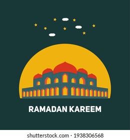 Vector of Flat Design Mosque in the Starry and Cloudy Night Ramadan Kareem
