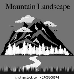Vector Flat Design Mountain Landscape Black and White.