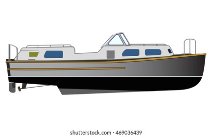 Vector flat design narrowboat. Narrow canals boat water transport illustration. River barge based leisure and recreation cruising transport narrow boat. River houseboat