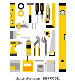 vector flat design on the theme of repair tools in the style of geometric minimalism. each element is isolated. can be used for various types of renovation advertisements, web sites, flyers, brochures