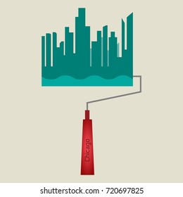 vector flat design of paint brush of chicago cityscape background