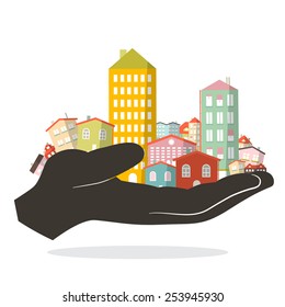 Vector Flat Design Paper Houses - Buildings Set - City or Town in Human Hand