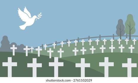 Vector flat design of a peace dove flying over a military cemetery with white cross markers