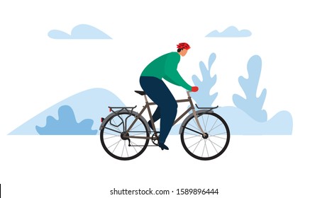 Vector in flat design of people outdoor in the park on weekend. Bike for the city. Bicycle vector illustration.
