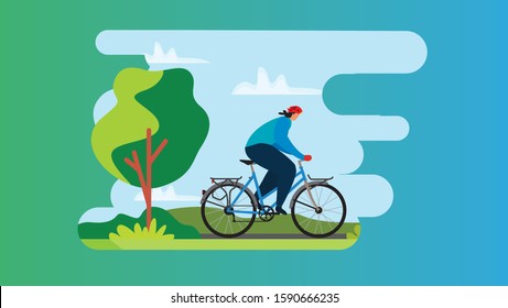 Vector in flat design of people outdoor in the park on weekend. Bike for the city. Bicycle vector illustration.