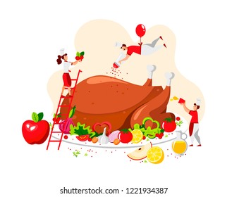 Vector flat design of people who cook a festive turkey for Happy Thanksgiving Day and a christmas holiday weekend. Illustration of Thanksgiving Day/Christmas for greeting card/poster/banner template.