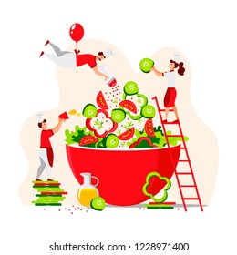 Vector flat design of people who cook green salad for a healthy lifestyle. Illustration for greeting card/poster/banner template.