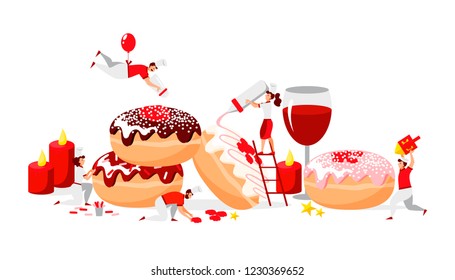 Vector flat design of people who cook donuts for Hanukkah for greeting card/poster/banner template. Mini chefs make traditional Hanukkah dish - tasty sufganiyot for a family dinner.