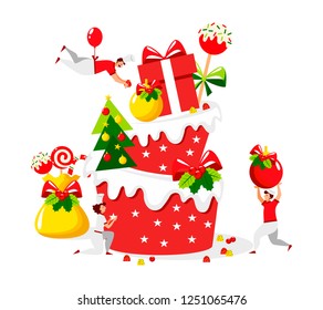Vector flat design of people who cook a festive cake for happy new year and a merry christmas holiday weekend. 
Mini chefs make a tasty cake, many sweets and gifts. Illustration for card/poster.