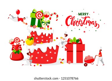 Vector flat design of people who cook a festive cake for happy new year and a merry christmas holiday weekend. 
Mini chefs make a tasty cake, many sweets and gifts. Lettering Merry Christmas for card.