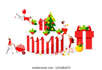 Vector flat design of people who cook a festive cake for happy new year and a merry christmas holiday weekend. Little chefs make a tasty cake, many candies and gifts. Illustration for card/poster.