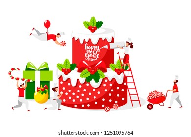 Vector flat design of people who cook a festive cake for happy new year and a merry christmas holiday weekend. 
Mini chefs make a tasty cake, many sweets and gifts. Lettering Happy New Year for card.