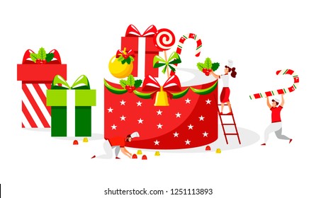 Vector flat design of people who cook a festive cake for happy new year and a merry christmas holiday weekend. Little chefs make a tasty cake, many candies and gifts. Illustration for card/poster.
