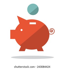 Vector Flat Design Pig Bank with Coin Illustration