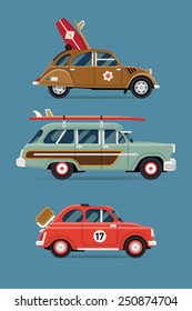 Vector flat design private transport icons on travel retro leisure cars featuring retro old surf cars and basket picnic small city vintage car