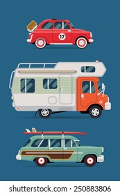 Vector flat design private transport icons on travel retro leisure cars featuring retro old surf car, caravan camping truck and basket picnic small city vintage car