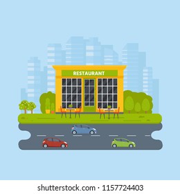Vector flat design restaurant exterior, shop facade Store front window buildings icon on city background.