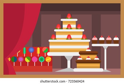 Vector flat design restaurant food shop facade storefront market building architecture showcase window illustration.
