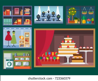 Vector flat design restaurant shops facade storefront market building architecture showcase window illustration.