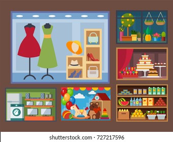 Vector flat design restaurant shops facade storefront market building architecture showcase window illustration.