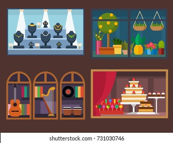Vector flat design restaurant shops facade storefront market building architecture showcase window illustration.