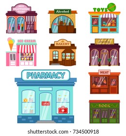 Vector flat design restaurant shops facade storefront market building architecture showcase window illustration.