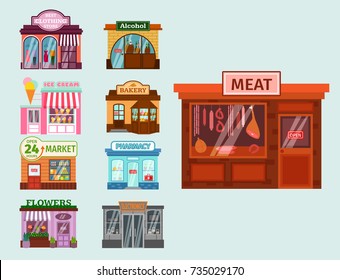 Vector flat design restaurant shops facade storefront market building architecture showcase window illustration.