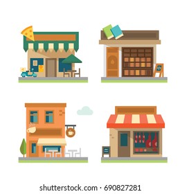 Vector flat design restaurant and store set