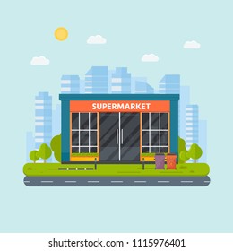 Vector flat design restaurants exterior and shops facade:  supermarket. Store front window buildings icon with city on the background.