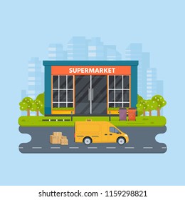 Vector flat design restaurants exterior and shops facade:  supermarket. Store front window buildings icon with city on the background.