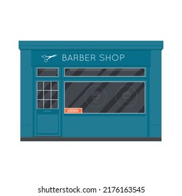 Vector Flat Design Restaurants Exterior And Shops Facade:  Barber Shop. Store Front Window Buildings Icons Isolated On White Background.