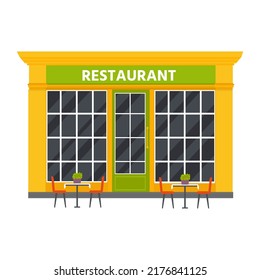 Vector flat design restaurants exterior and shops facade: book store, barber shop, supermarket, coffee. Store front window buildings icons isolated on white background.
