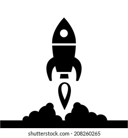 Vector Flat Design Rocket Launching From The Ground Start Up Icon | Black Isolated Pictogram Illustration On White Background