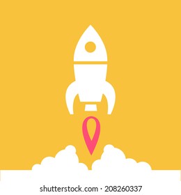 vector flat design rocket launching from the ground start up icon | white isolated pictogram illustration on yellow background