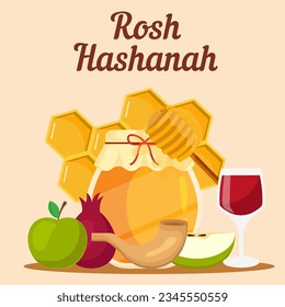 vector flat design rosh hashanah illustration with apple, pomegranate, and honey