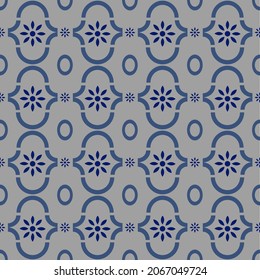 Vector flat design of seamless beautiful blue flowers in curve lines are repeating on gray background pattern design for decorating, fabric,wrapping, textile, wallpaper,apparel,tile,mosaic.