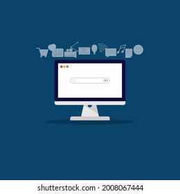 vector flat design searching on computer, social media, social network, work on computer, online marketing, 